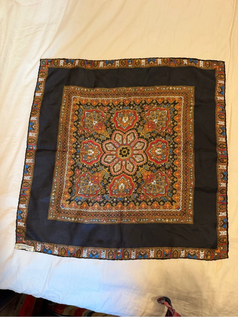 Dior Black Silk Scarf with Gold, Red & Blue Paisley Border